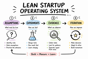 Fototapeta premium A diagram illustrates the Lean Startup Operating System cycle: Assumptions, Experiments, Evidence, and Iteration.