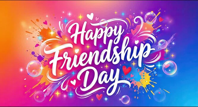 Happy Friendship Day Colorful Typography Animation with Ink Splatters, Hearts, and Soap Bubbles Background 4K