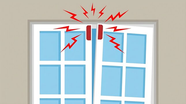 Smart home security alarm system triggered at a window with red alert lightning symbols, illustrating a break-in attempt and property protection.