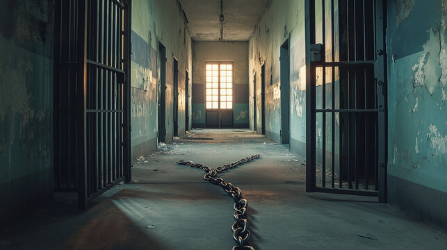 A vacant jail hallway featuring unlocked metal gates and chains lying across the ground.