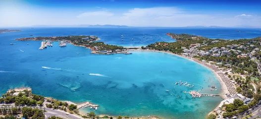 Panoramic aerial summer day view of the bay and beach of Vouliagmeni, south Athens coast, Attica, Greece © moofushi