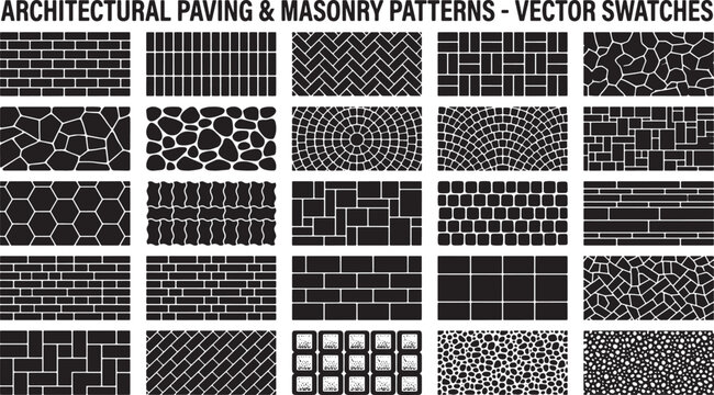 Set of architectural paving and masonry patterns featuring various stone brick and tile textures in vector format