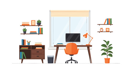 Modern Home Office Workspace Illustration with Computer Desk, Ergonomic Chair, and Bookshelves - Vector Flat Design Interior Concept © Akbar Veczy