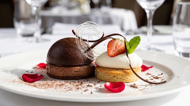 Gourmet Chocolate Mousse Dome with Spun Sugar Spirals and Rose Petals