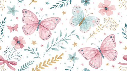 Fototapeta premium Elegant hand drawn seamless floral pattern with butterflies and delicate greenery on soft pastel background