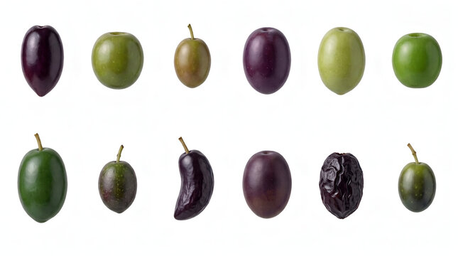 Kalamata Manzanilla Arbequina Mission Picholine Castelvetrano Cerignola Koroneiki Lucques Gaeta Nyon Leccino Olive Collection Isolated On White Background
