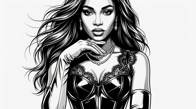 Black and White Ink Illustration of Couture Beauty in Glossy Latex Corset and Opera Gloves &ndash; Noir Fashion Magazine Portrait