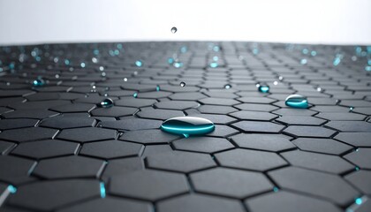Obraz premium Hydrophobic nano coating technology concept with water droplets on black honeycomb hexagonal surface background
