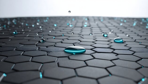 Hydrophobic nano coating technology concept with water droplets on black honeycomb hexagonal surface background