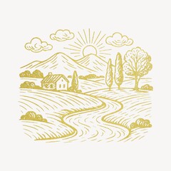 Naklejka premium Rustic countryside landscape illustration