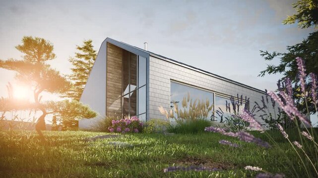 Modern Scandinavian Barn House Exterior with Blooming Garden &ndash; Slow Left Camera Slide and Gentle Crane Up, Cinematic 3D Animation