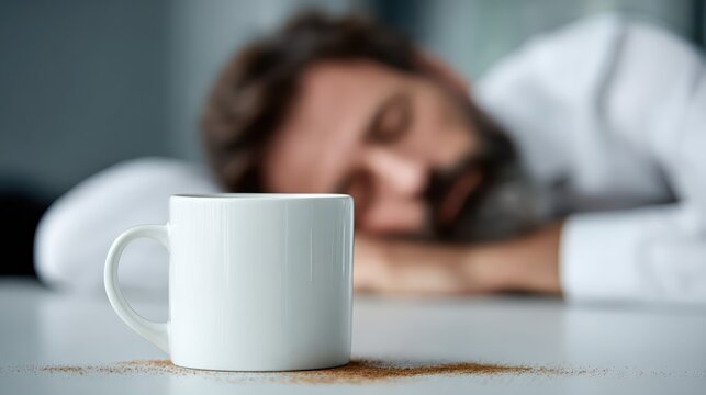 A white coffee mug sits on a desk with a tired man sleeping in the background. The scene captures workplace fatigue and the need for a caffeine boost.