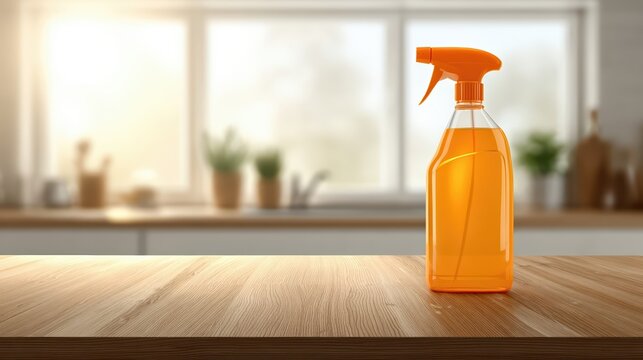 Photorealistic kitchen scene with a cleaning spray bottle on a spotless wooden countertop. Warm sunlight highlights a modern, fresh, and tidy household environment.