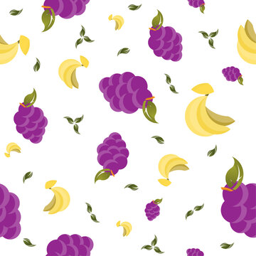 Purple Blackberry and Yellow Banana Mixed Seamless Pattern with Green Leaves, Tropical Fruit Flat Illustration