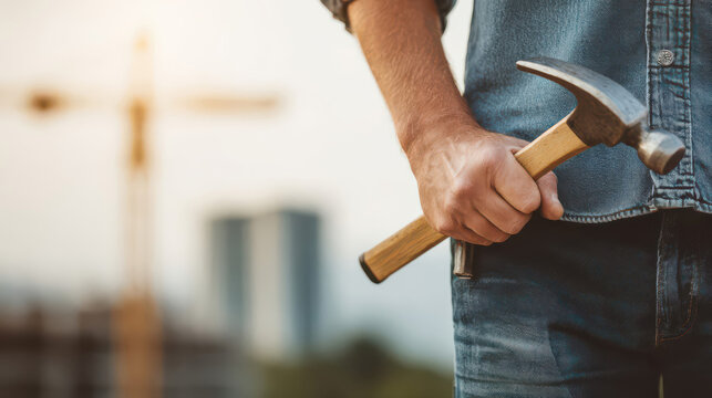 A construction worker grips a hammer, standing confidently at a bustling industrial site. Realistic lighting and natural textures emphasize true worksite energy.