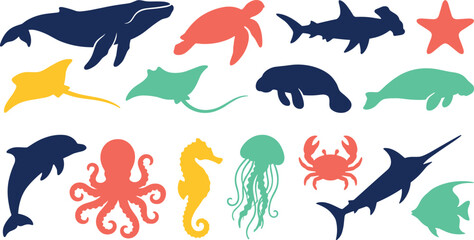 Marine Sea Animal Silhouette Collection Featuring Whale Shark Dolphin Turtle Octopus Jellyfish Seahorse and Ocean Wildlife Vector Illustration Set © Nasima