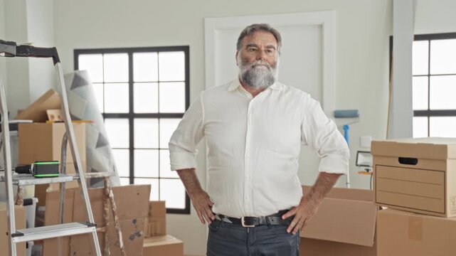 Man standing among cardboard boxes and ladder showing thumbs-down gesture in building moving interior, beard and hand visible; dissatisfaction moving day.