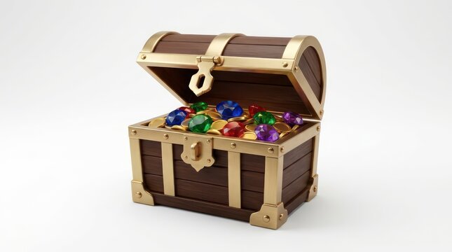 Treasure chest filled with colorful jewels.