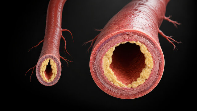 Cross section of human artery showing atherosclerosis plaque buildup and narrowing of the blood vessel lumen for medical education with displays medical visualization