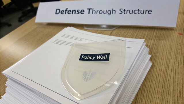 Defense Through Structure Presentation Materials with Policy Wall Badge and Informative Printed Documents on Table