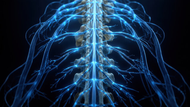 Human spinal cord anatomy with glowing neural network connectivity displaying nervous system pathways in a detailed scientific 3d medical illustration