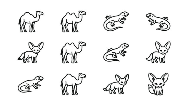 Desert Animals Icons Camel Lizard Fennec Fox Line Art Set
