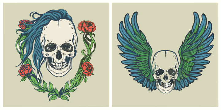 skulls with floral and wing designs vector