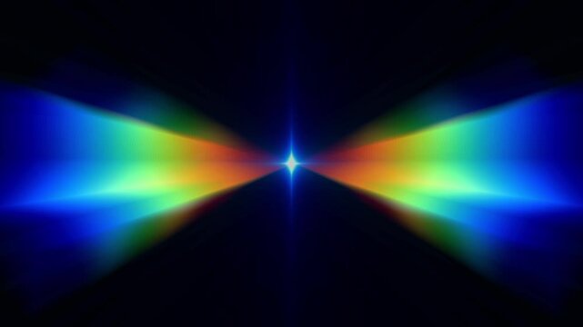 Rainbow colored bowtie shaped light beams converging to a sharp bright point at the center of a black background with a smooth glowing aesthetic ideal