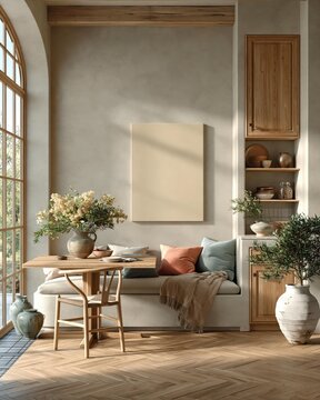 Blank vertical canvas mockup in cozy Mediterranean style dining room, rustic wooden furniture, warm sunlight, soft textiles and indoor plants, 3d render interior design for art display and branding
