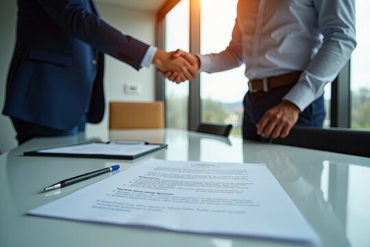 Photograph a genuine handshake between a client and service provider over a modern conference table, featuring the signed service agreement prominently beside them.