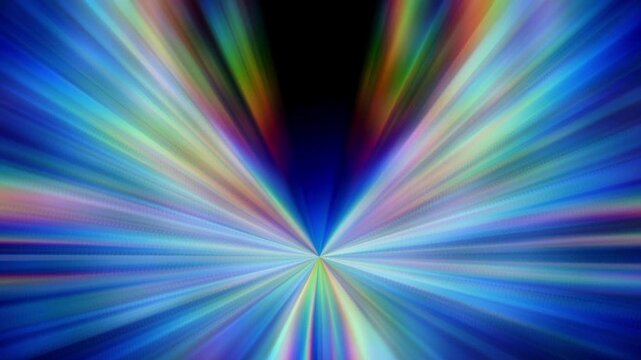 Rainbow colored triangular fan of light beams converging downward to a single bright point resembling a funnel glow with a smooth glowing aesthetic