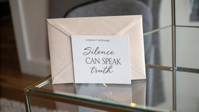 Elegant Envelope with Unsent Message Card Featuring Inspirational Quote about Silence and Truth on Glass Table