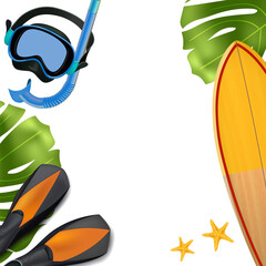 Blue snorkel and mask beside vibrant green leaves. Orange flippers rest near surfboard with starfish nearby. Sunlit beach vibe invites water fun and relaxation. Ideal for vacation, travel © mariaaverburg