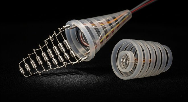Minimalist close-up of coiled metal spring and wire hook against dark background