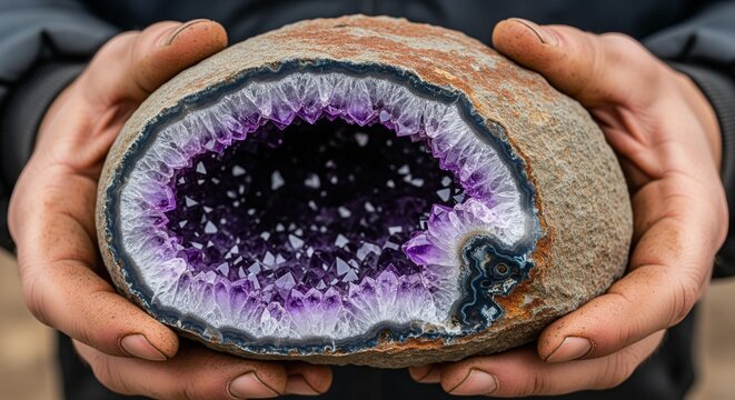Hands holding a stunning purple geode cross-section revealing crystal formations