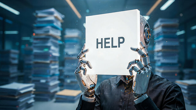 Robotic figure holding help sign highlighting artificial intelligence support and human assistance