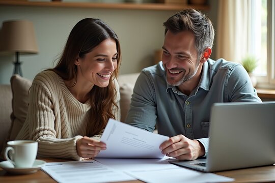 Intimate Living Room Setting: Couple Engaged in a Discussion Over Important Insurance Policies, Surrounded by Documents, Laptops, and a Cup of Tea.