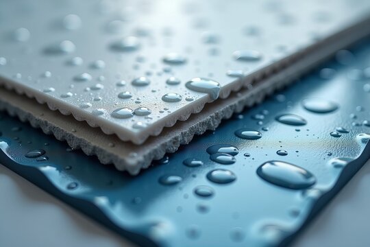 Close-Up of a High-Performance Vapor Barrier Showcasing Texture and Layers, Enhanced by Water Droplets to Illustrate Its Waterproof Features.