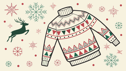 Vintage christmas sweater design with reindeer silhouette and snowflakes festive holiday graphic element with snowflakes beige background vintage style winter © Muhammad