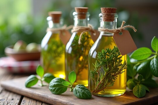 Vivid Herbs Infused in Golden Oil: Rustic Glass Bottles with Twine and Handcrafted Labels on a Weathered Wooden Table