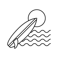 Naklejka premium Logo club de surf. Vacaciones de verano. Dibujo sencillo con líneas de olas de mar y una tabla de surf apuntando a un sol circular 