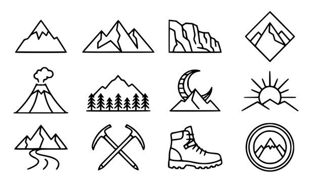 Mountain peaks and ridges vector icon set with simple bold line art classic complete range snow cap cliff pine trees climbing axe and outdoor adventure travel clip art black and white