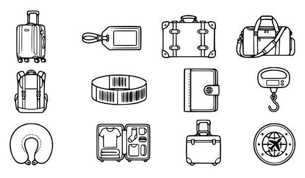 Luggage tags and travel suitcases vector icon set with simple bold line art classic complete spinner luggage hardshell trunk duffel bag airline baggage tag and global tourism clip art black and white