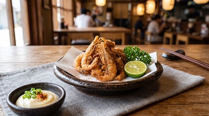 Japanese Izakaya Kawa Ebi Crispy Fried River Shrimp with Mayonnaise and Chopsticks