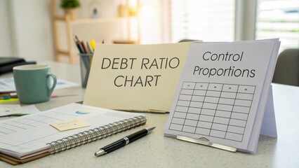Obraz premium Financial Analysis Desk with Debt Ratio Chart and Control Proportions on Table Surrounded by Business Documents and Stationery