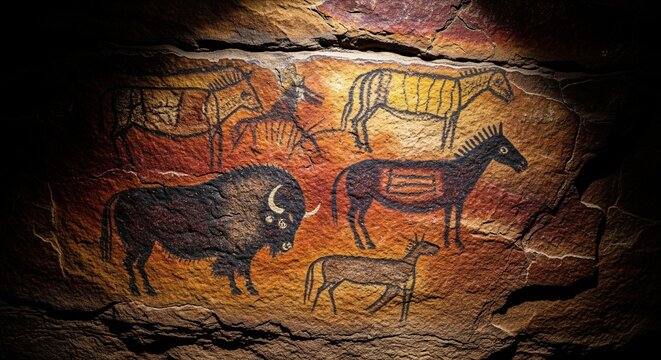 Ancient cave painting depicting bison and horse silhouettes against rugged stone wall
