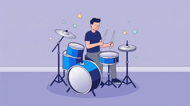 A modern flat vector illustration of a male musician playing a blue drum set, suitable for music school promotions and creative rhythm-themed designs.