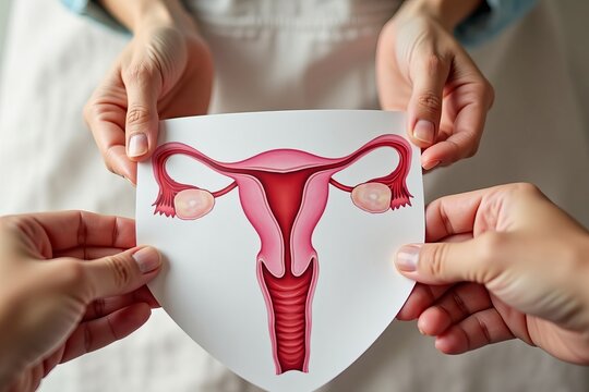 Intimate Close-up of Diverse Hands Gently Holding a Transparent Overlay of the Female Reproductive System Diagram Against a Soft, Neutral Background to Highlight Intricate Details