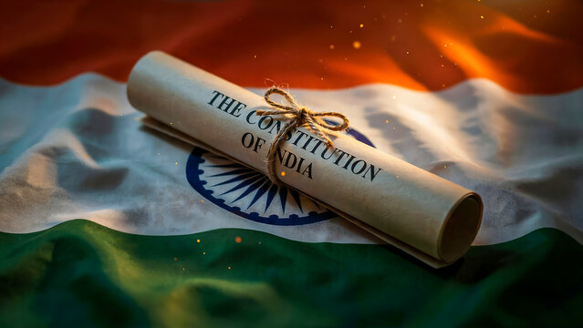 Indian constitution scroll on national flag representing democracy law and governance