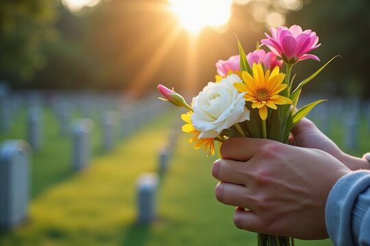 Intimate Capture: Hands Cradling a Bouquet with a Serene Cemetery Landscape in Soft Focus Behind